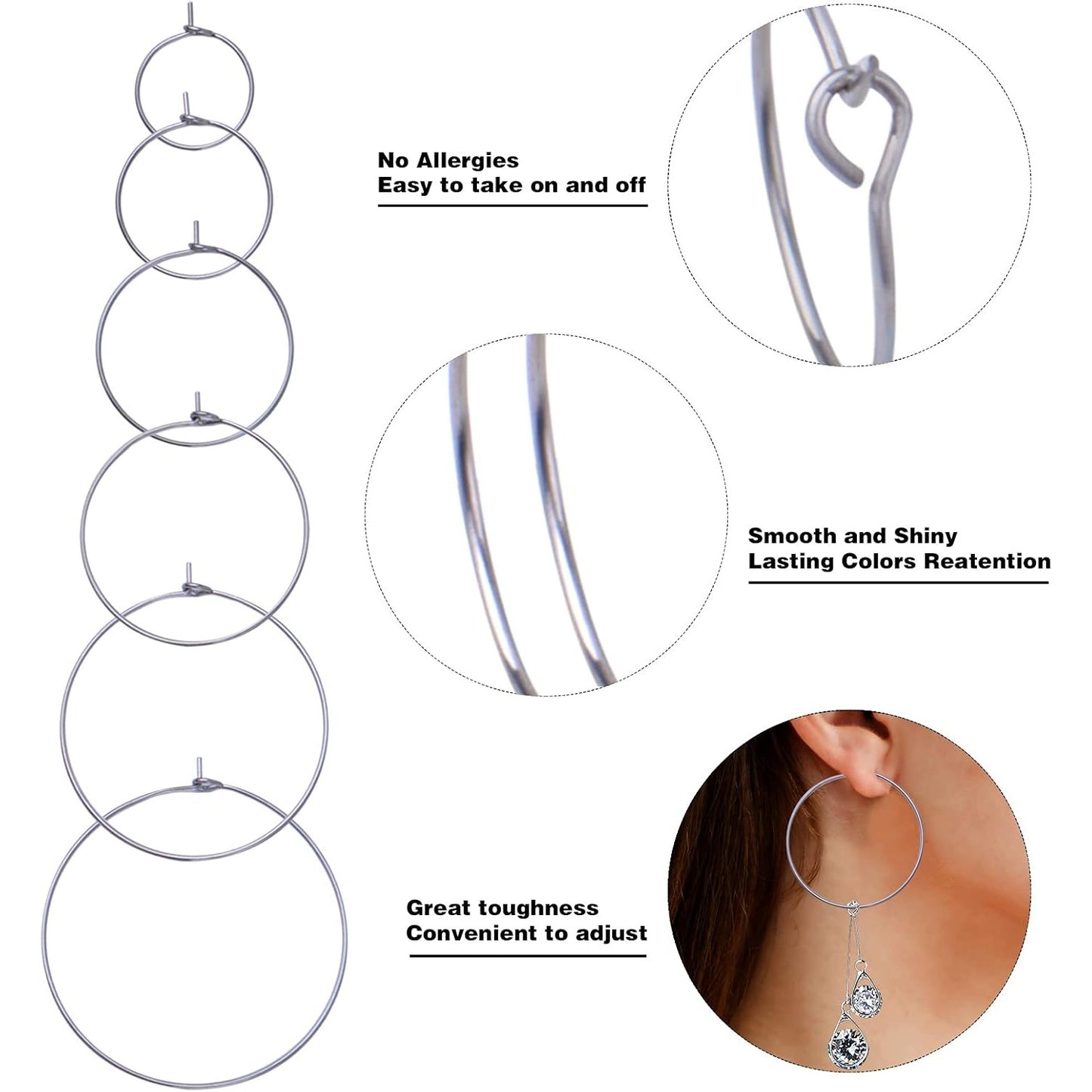 60pcs 6 Sizes Wine Glass Charms Rings Stainless Steel Beading Hoop Rings Ear Wines Open Earring Hoops for DIY Jewelry Craft Making Party Festival Favors