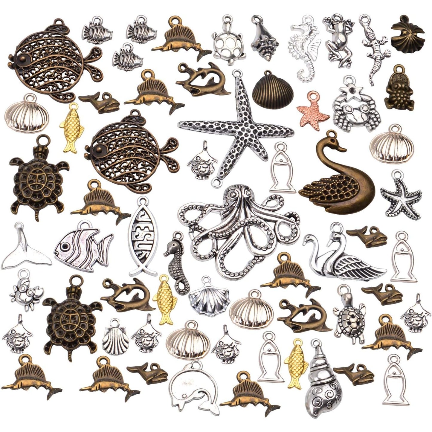 Marine Charm Collection,100g (About 60-70 Pieces) Sea Creatures Pendants Alloy Ocean Life Seashell Sea Stars Fish Jewelry Findings Craft Supplies for DIY Bracelet Necklace