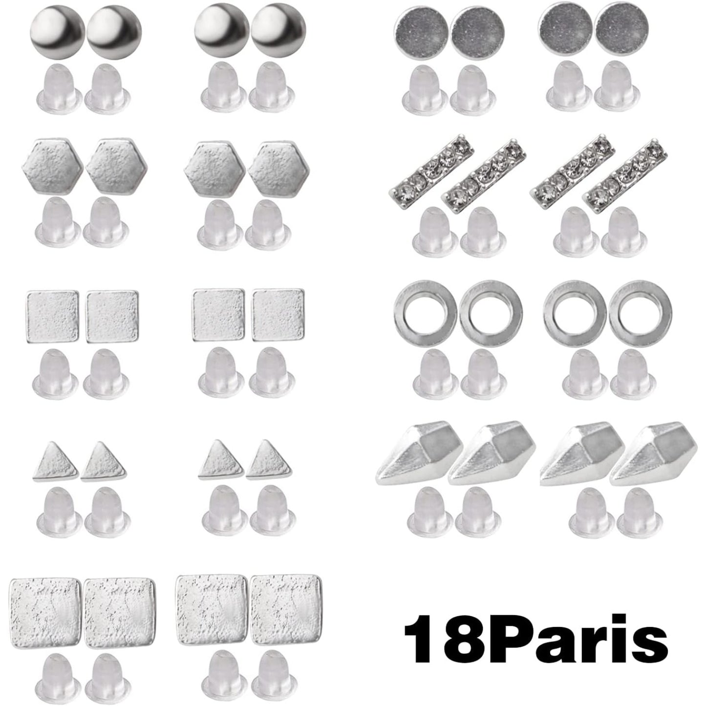 18 Pairs Stainless Steel Earring Post Studs,Earrings Studs Set Geometric Round Cone Ball Earring Pin Studs with Clear Bullet Earring Backs for Earring Making,9 Styles