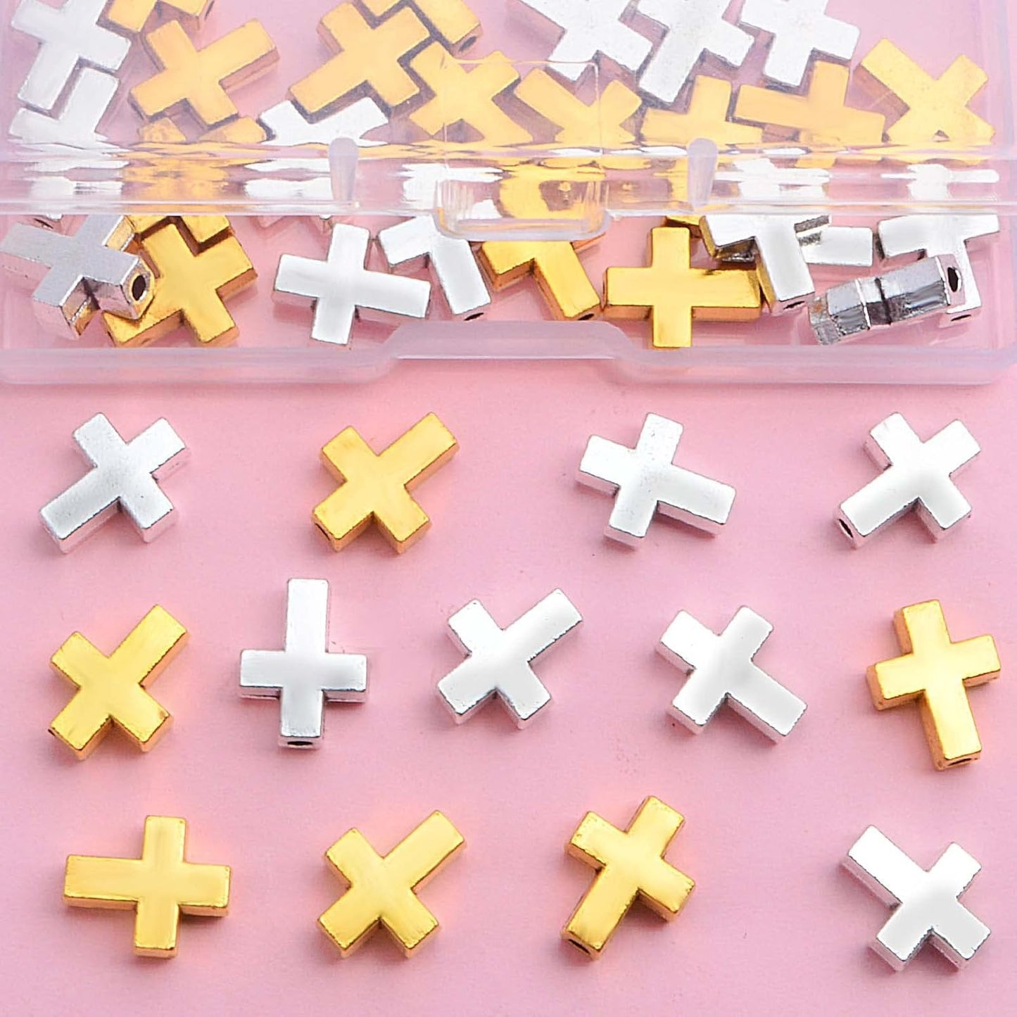 40pcs Mini Cross Shape Spacer Bead Antique Alloy Cross Crucifix Beads European Large Hole Loose Bead with A Box for DIY Jewelry Bracelet Jewelry Making Supplies, 2 Colors