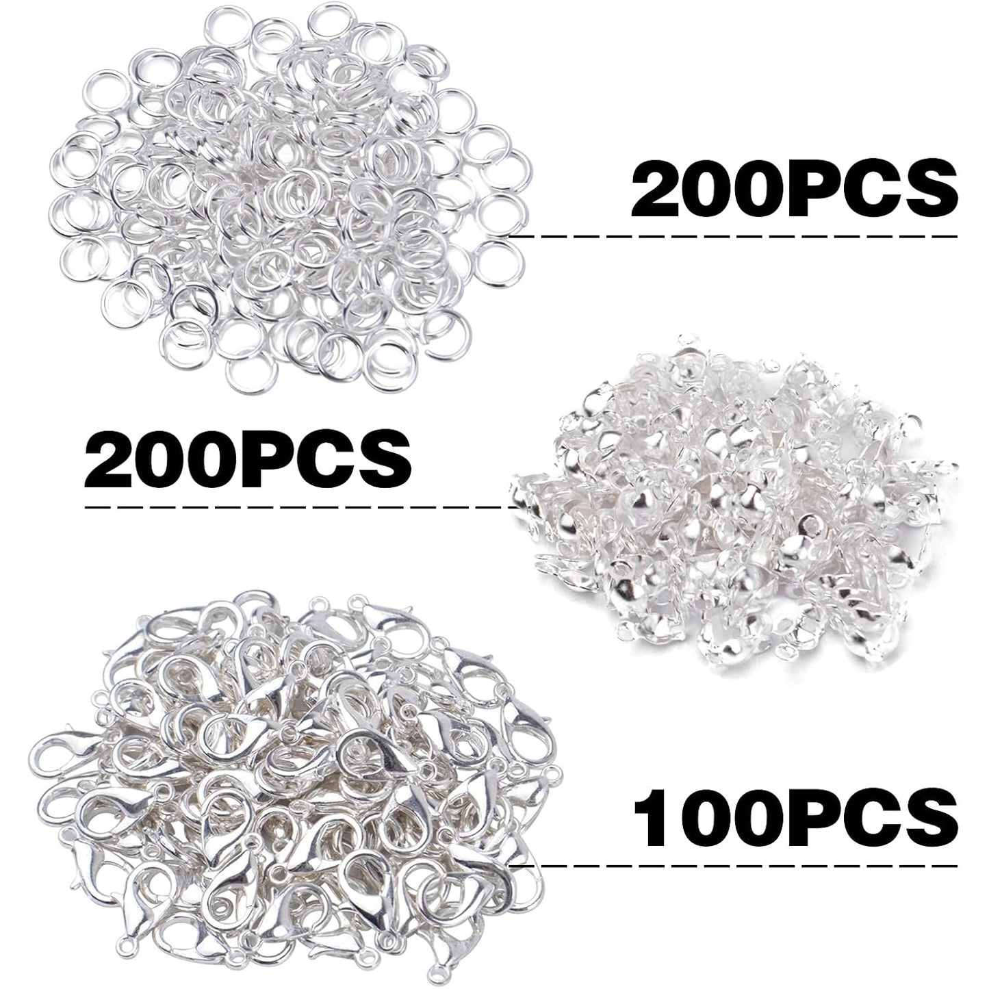 500pcs Silver Jewelry Making Accessories Set, 100pcs Lobster Claw Clasps, 200pcs Open Jump Rings Connectors and 200pcs Bead Tips Knot Covers for DIY Jewelry Crafts Making Findings