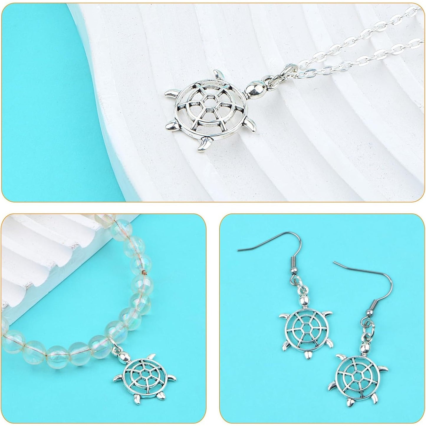 50pcs Antique Silver Hollow Sea Turtle Charms Tibetan Alloy Ocean Animal Sea Life Turtle Tortoise Pendants Accessories for DIY Necklace Bracelet Crafts Jewelry Making