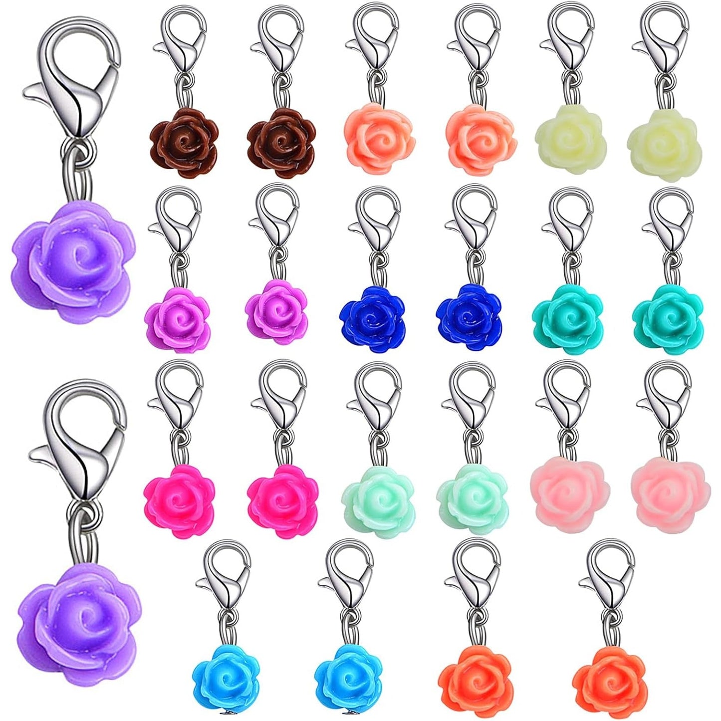 24pcs Clip On Flower Charms Rose Dangle Charms Pendant with Lobster Clasp for DIY Bracelet Necklace Jewelry Making,12 Colors