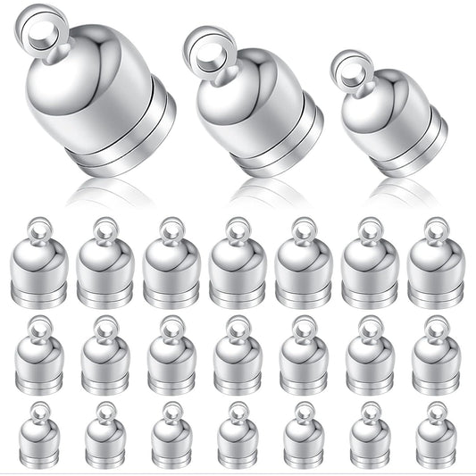 150pcs 3 Sizes Cord End Caps Plastic Glue-in Barrel End Caps Cord Ends Connectors Leather Cord Findings Kit for DIY Tassel Bracelet Necklace Crafts Jewelry Making, Silver