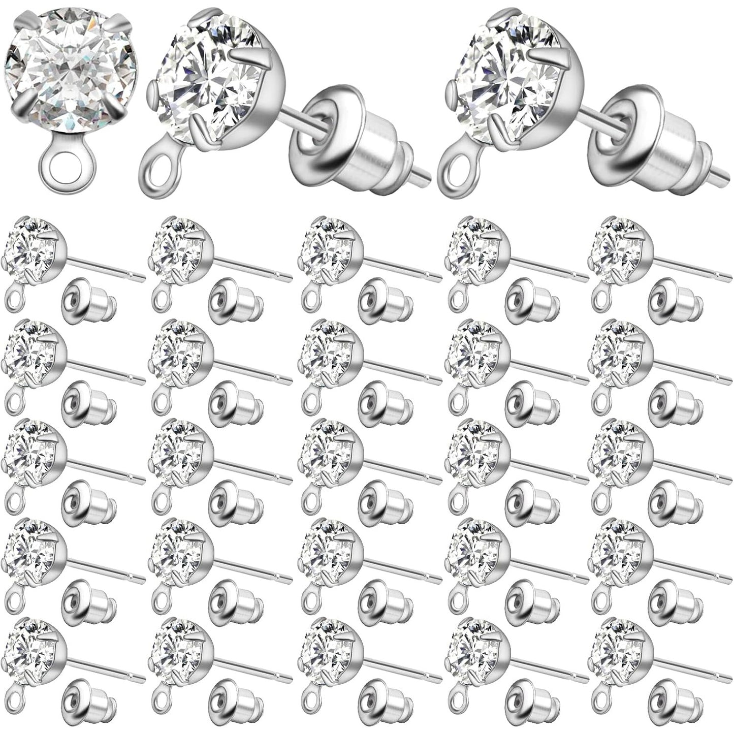 50pcs Rhinestone Stud Earrings Crystal Earring Posts with Loop Hole and 50pcs Bullet Earring Backs Jewelry Findings for Birthday Party Gifts Crafts Decor