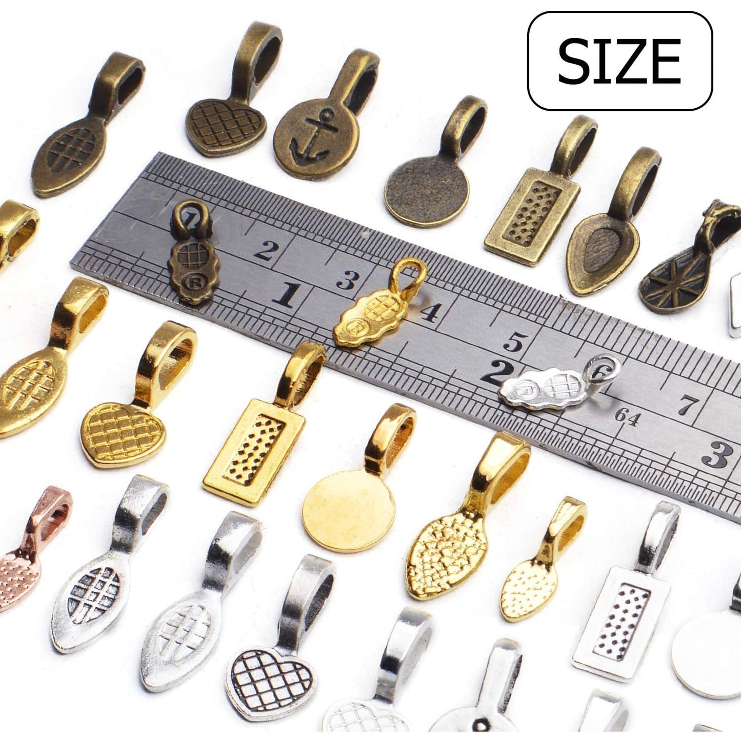 Glue on Bails, 100 Gram Mixed Tibetan Style Glue on Bails Pendants Alloy Flat Pad Bails Tag Charms Connector Hanger for Earring Necklace Jewelry Findings Crafting