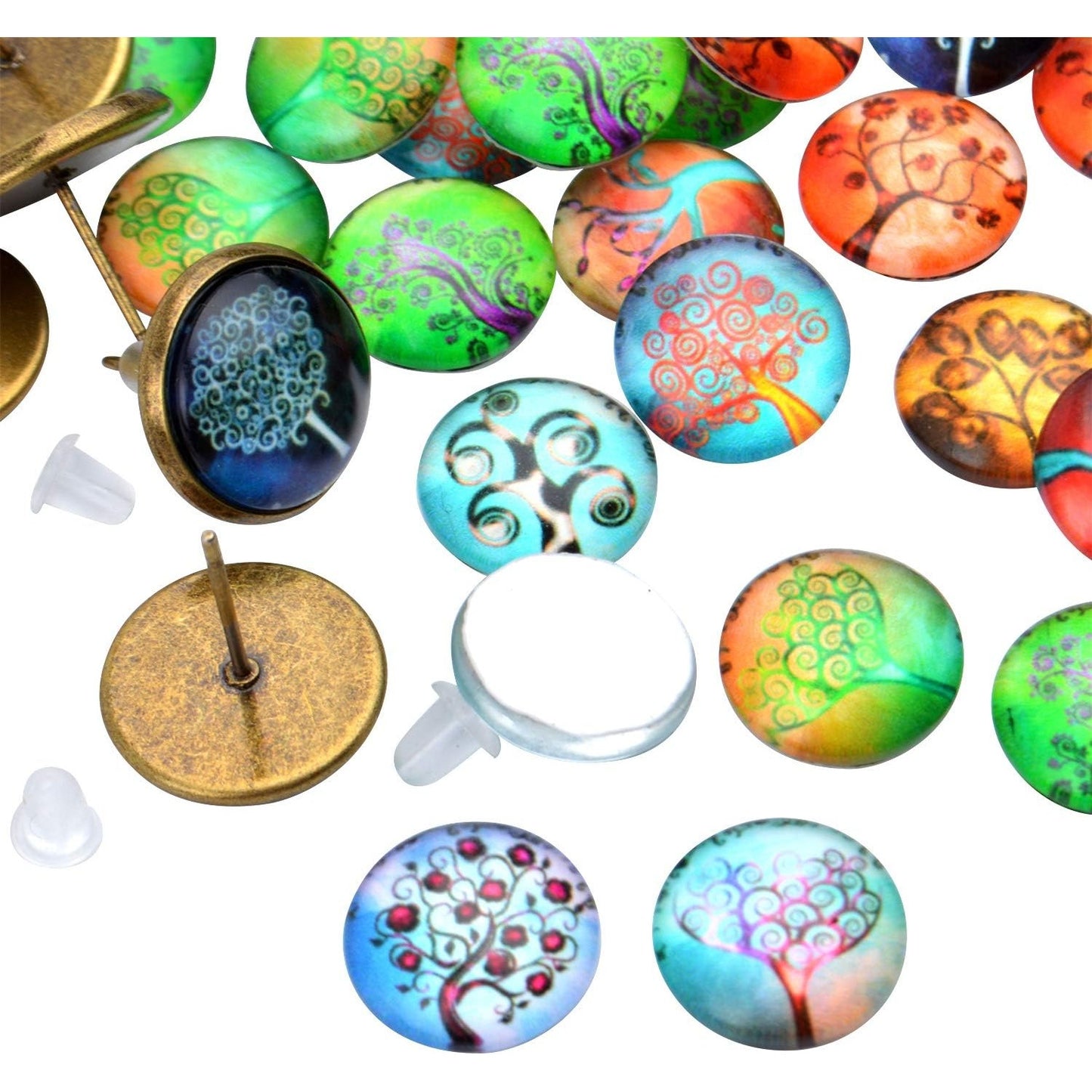 Glass Dome Cabochons, 50pcs 14 Styles Tree of Life Pattern Flatback Resin Cabochons (12mm) with 10pcs Bronze Stud Earring Bezel and 10pcs Clear Earring Backs for Jewelry Making