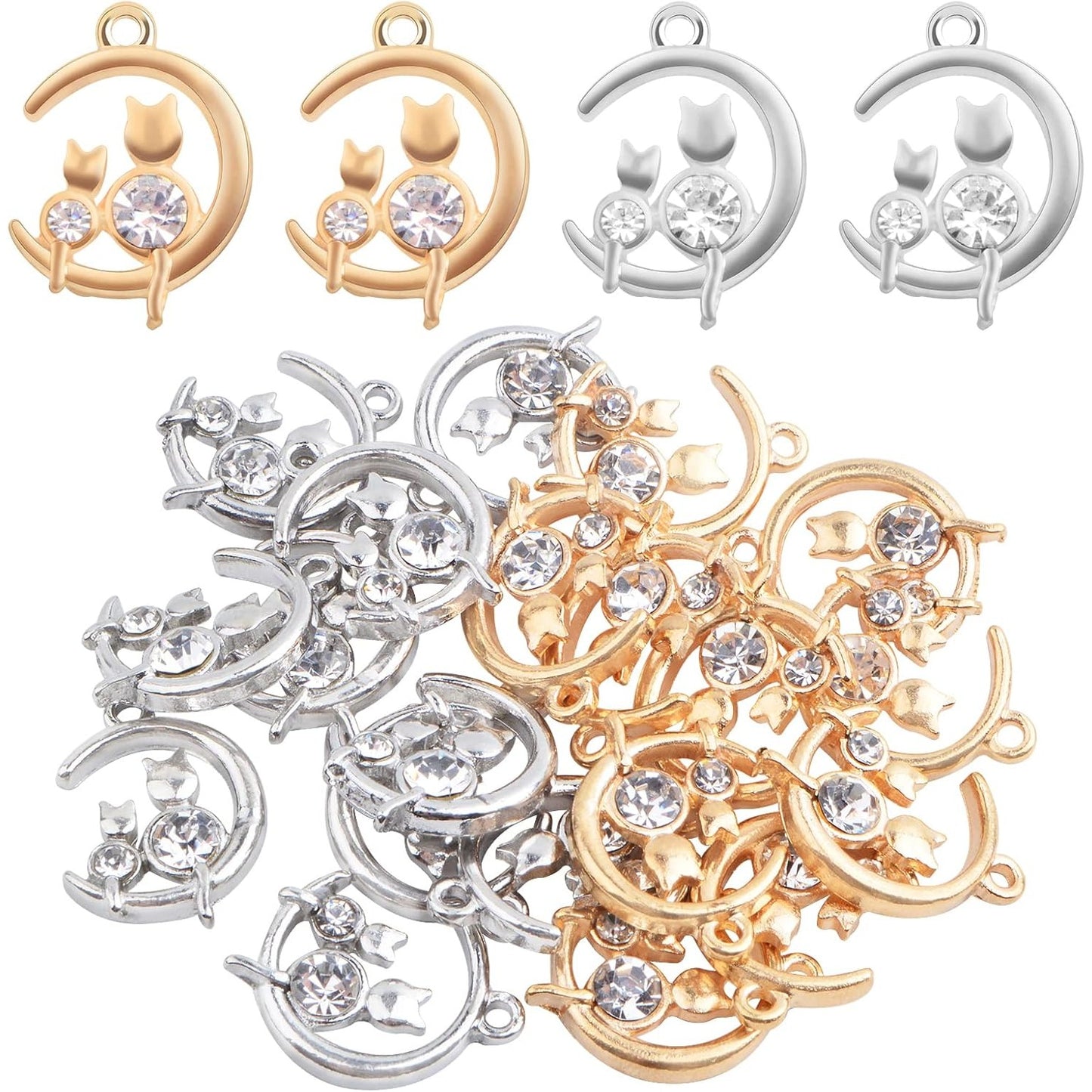 20 Pieces Cute Cat on the Moon Charms with Rhinestone Alloy Celestial Moon Kitty Dangle Pendants Craft Supplies for DIY Necklace Bracelet Earrings Jewelry Making, 2 Colors