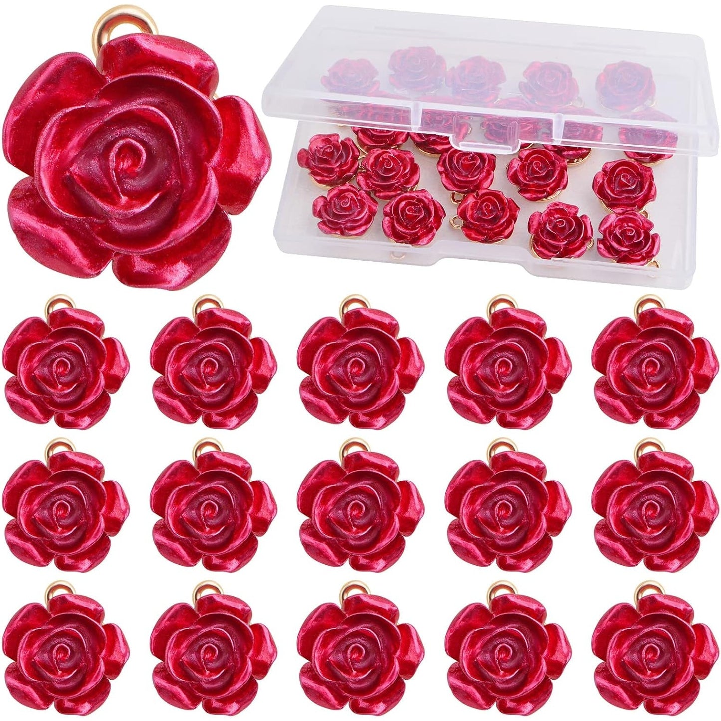 20 Pieces Resin Red Rose Charms Alloy Lovely Roseflower Shaped Dangle Pendants Embellishments with a Box for DIY Necklaces Earrings Jewelry Making Valentine's Gifts