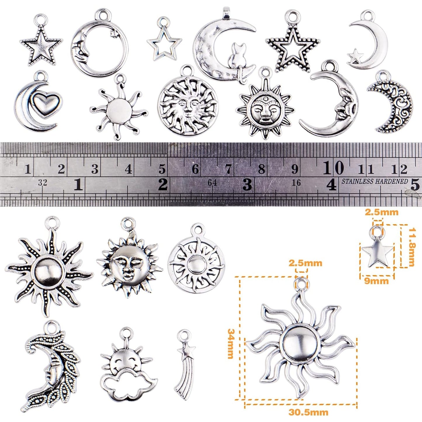 80pcs Antique Silver Sun Moon Stars Charms Alloy Vintage Celestial Dangle Pendants Jewelry Charm Accessory for DIY Necklace Bracelet Craft Supplies, 20 Styles