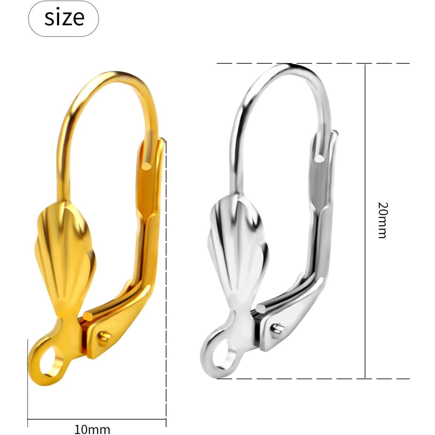 Hypoallergenic Earring Hooks, 100pcs Brass Leverback Shell Earrings French Hook Ear Wire with Open Loop for Jewelry Making, 2 Colors