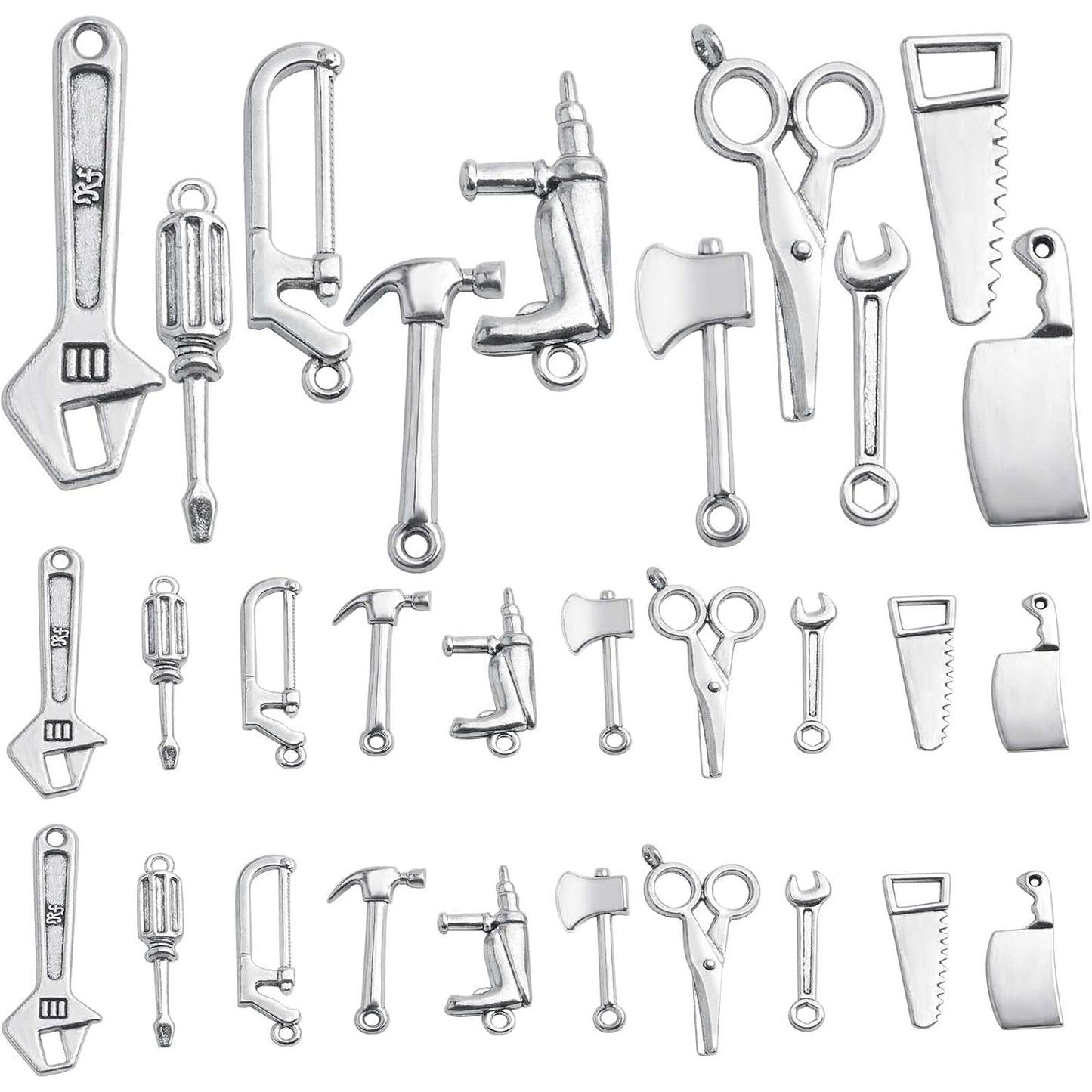 60pcs 10 Styles Antique Silver Mixed Home Tool Charms Tibetan Alloy Scissor Hammer Axe Wrench Kitchen Knife Pendants Living Tools Daily Supplies for DIY Jewelry Making Crafting