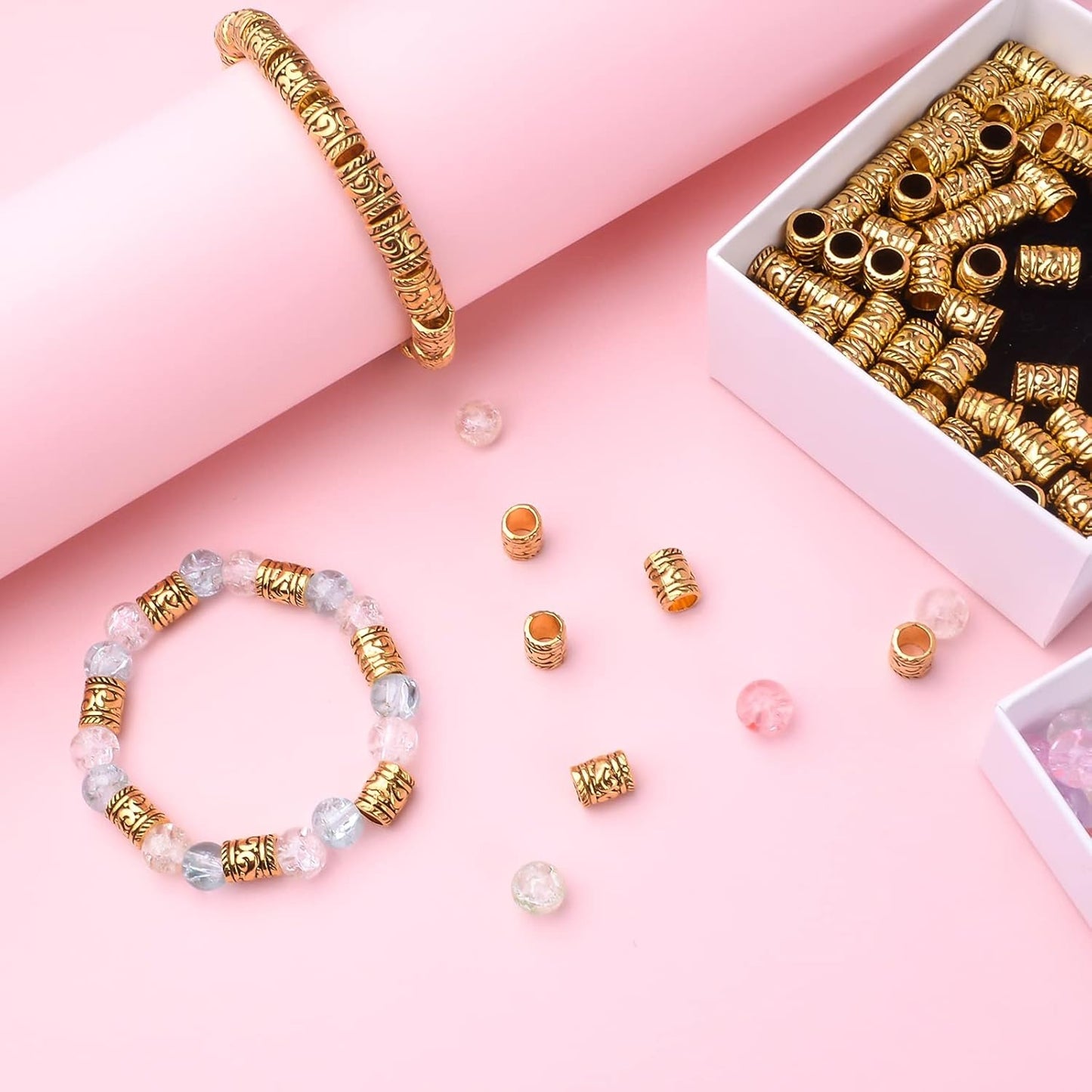 100pcs Antique Gold Large Hole Spacer Beads Tibetan Alloy Barrel Column Beads Hollow Tube Beads for European Bracelet Necklace DIY Jewelry Making Accessories, Hole: 5 mm