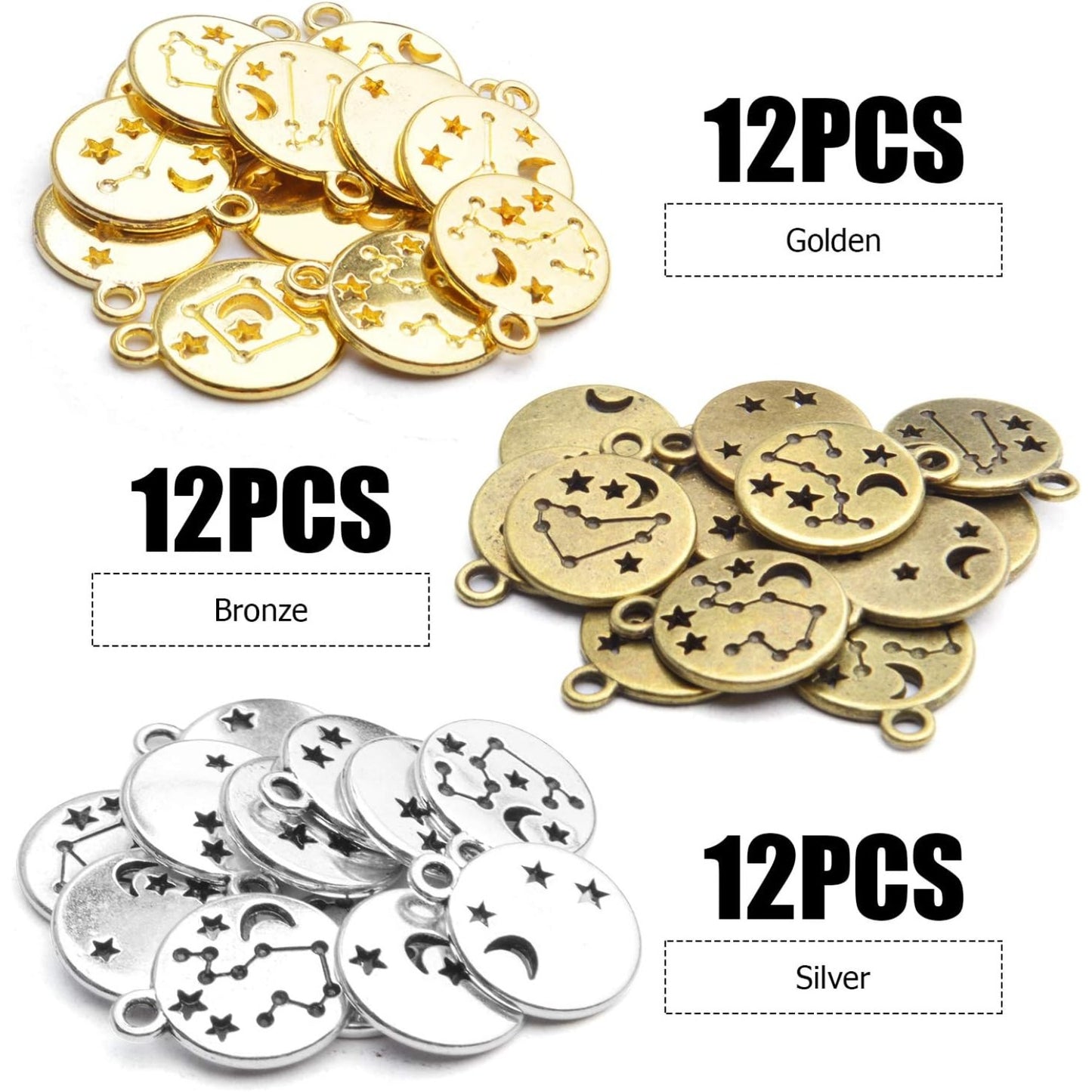 Constellation Charms Pendant, 3 Sets (36 Pieces) Zodiac Sign Charm Flat Round Metal Pendant Twelve Constellation Charm DIY Craft Supplies for Necklace Bracelet Jewelry Making