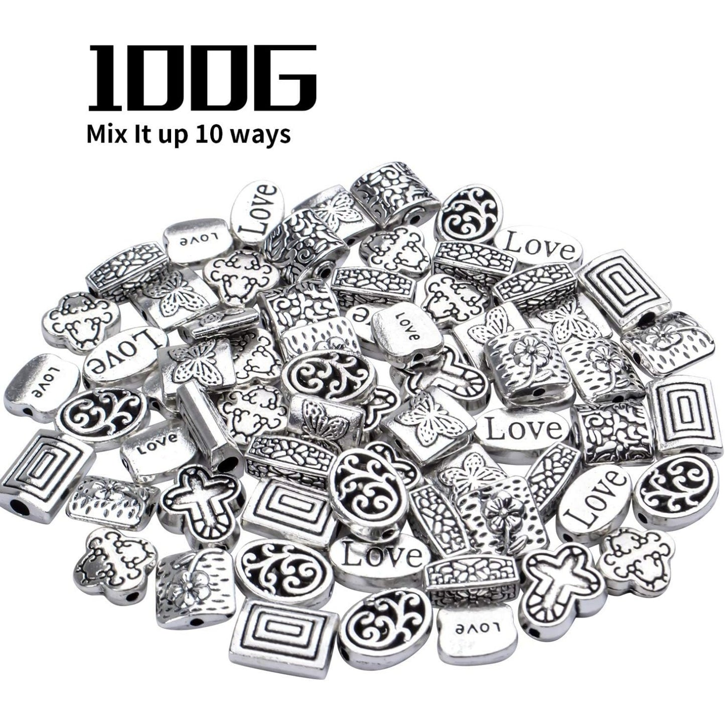 100g (About 70-120pcs) Antique Silver Spacer Beads Mixed Small Tibetan Loose Beads for Bracelet Necklace Jewelry Making,5-12mm