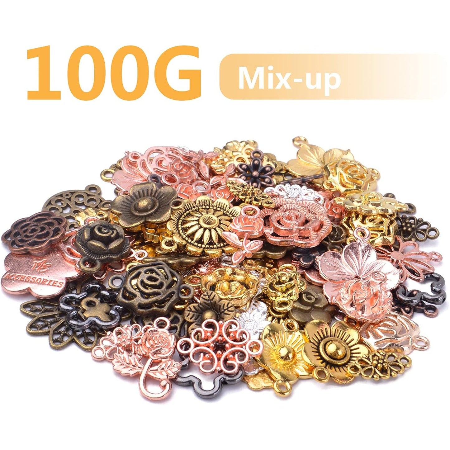Flower Charms, 100g Craft Supplies Alloy Mixed Style Rose Life Flower Connector Links Charms Pendant Beads Charm for Jewelry Making Crafting Findings Accessory