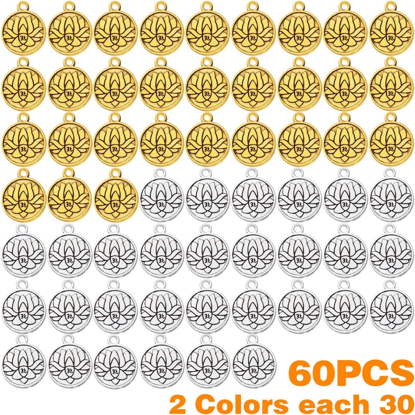 60pcs Lotus Flower Charm Pendants Tibetan Alloy Lotus Beads Charms for DIY Necklace Bracelet Jewelry Making Findings Accessory