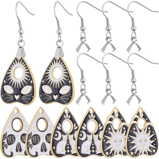 4 Styles Alloy Love Heart Gothic Style Cat Charms Black White Enamel Cute Heart Kitty Sun Eye Pendants and 8pcs Silver Earring Hooks with Pendant Clasps for DIY Earrings Jewelry Making