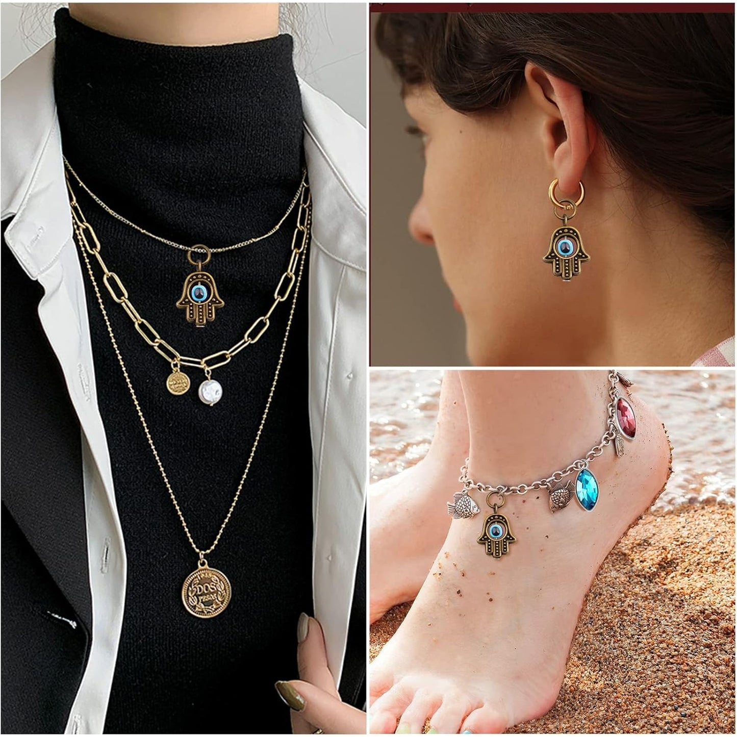 Hamsa Hand Beads Frame Charms,30 Pieces of Hamsa Evil Eye Pendant Hand of Fatima Symbol Charms Jewelry Making Findings for DIY Necklace Bracelet(Gold & Silver & Bronze)