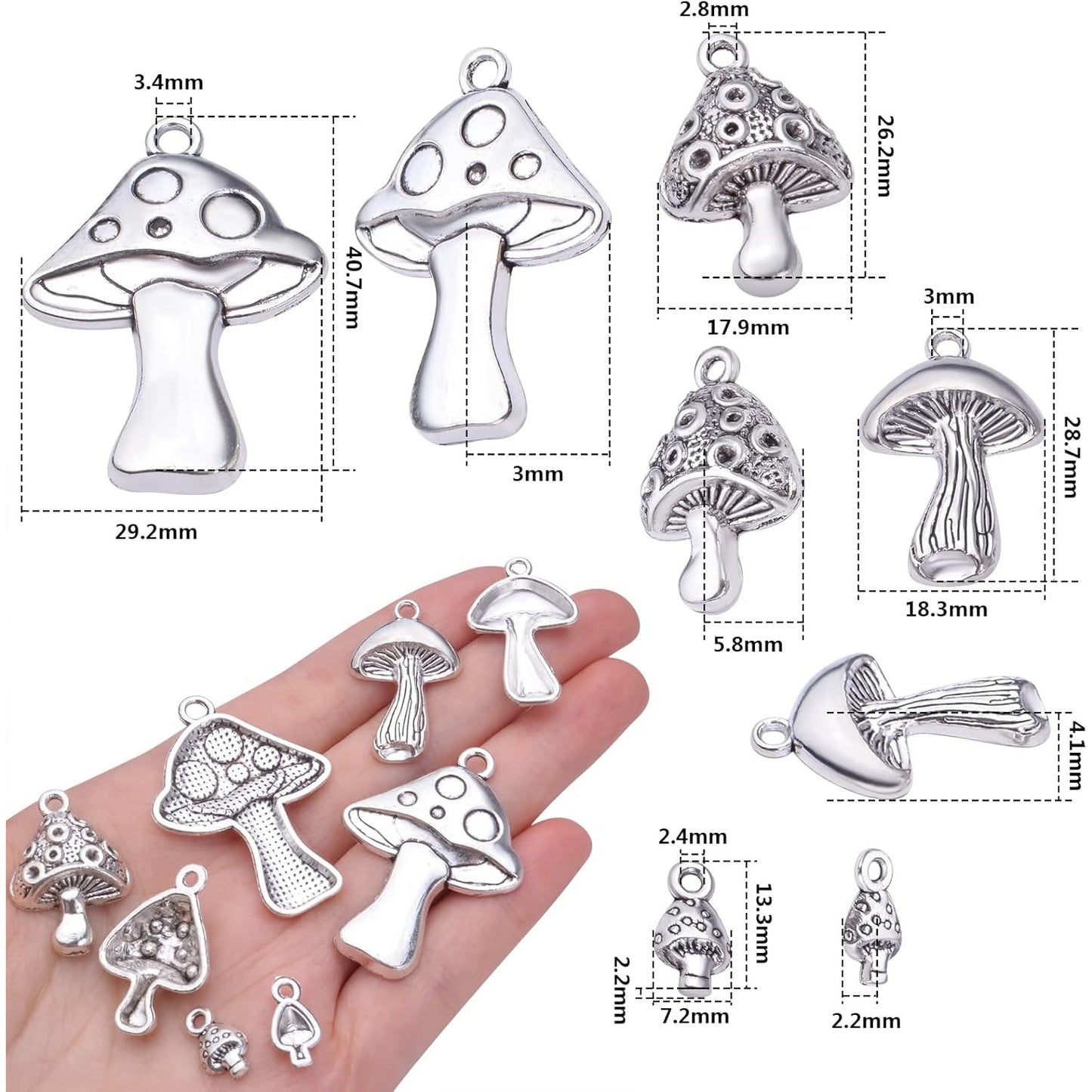 40pcs Antique Silver Mushroom Charms Pendants Tibetan Alloy Vintage Mushroom Bead Charms Jewelry Making Accessories for DIY Necklace Bracelet Earrings, 4 Styles
