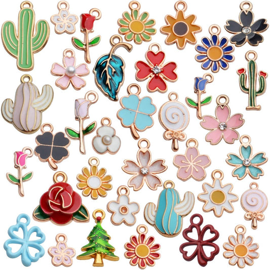 Enamel Charms Bulk, 35pcs Assorted Enamel Gold Plated Plant Charms Tree Leaf Flower Rose Cactus Pendants DIY Craft Supplies Accessory for Necklace Bracelet Jewelry Making Findings
