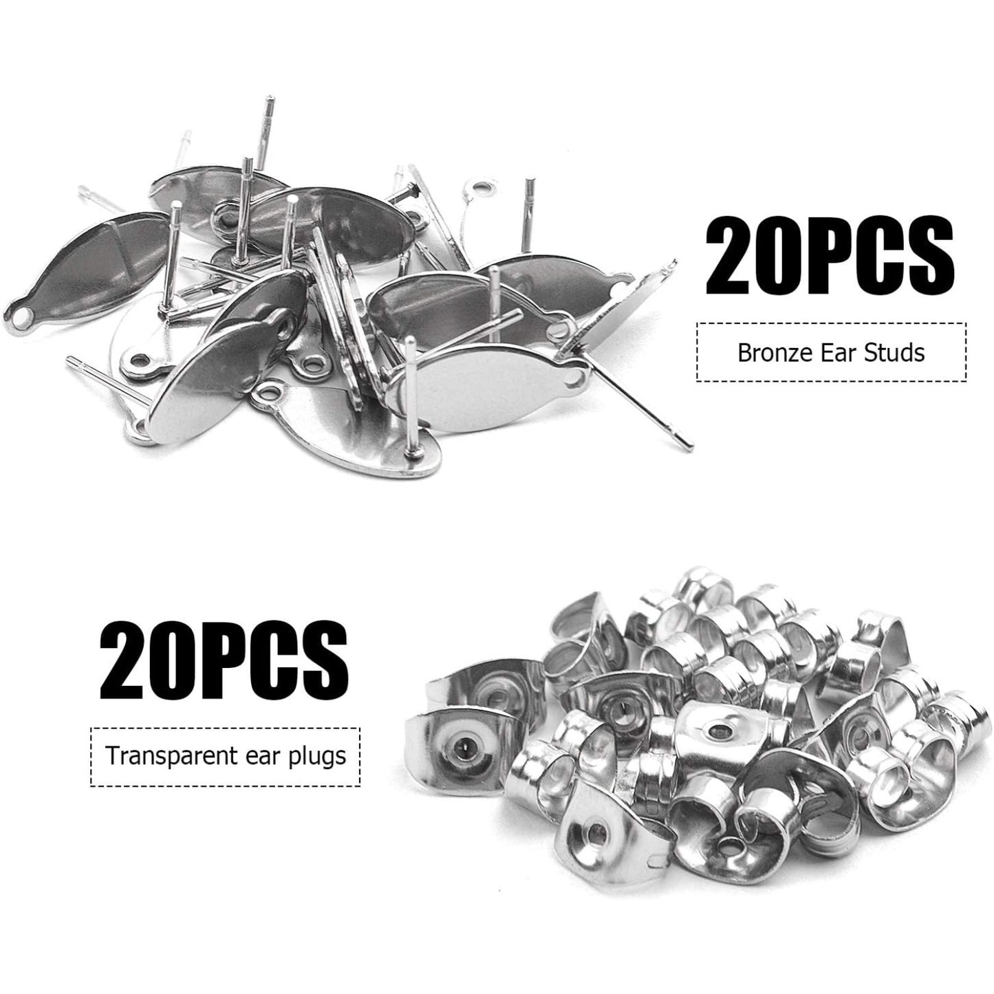 Stud Earring Findings - 20pcs Stainless Steel Oval Studs Blank Post with Loop and 20pcs Butterfly Backs for Making