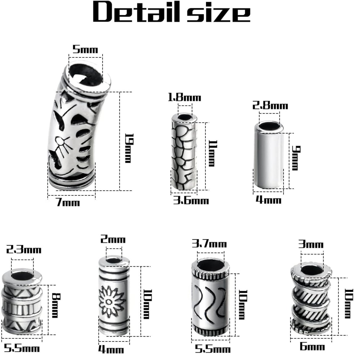 100g (About 80-150pcs) Assorted Column Spacer Beads Tibetan Silver Tube Beads for Bracelet Necklace Jewelry Making Crafts DIY,7 Styles,4-16mm