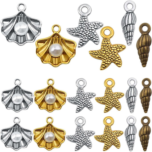 60pcs 3 Styles Antique Alloy Mixed Ocean Life Charms Sea Animal Starfish Seashell Conch Pendants Charms Craft Supplies for DIY Jewelry Making Birthday Party Gifts, 3 Colors