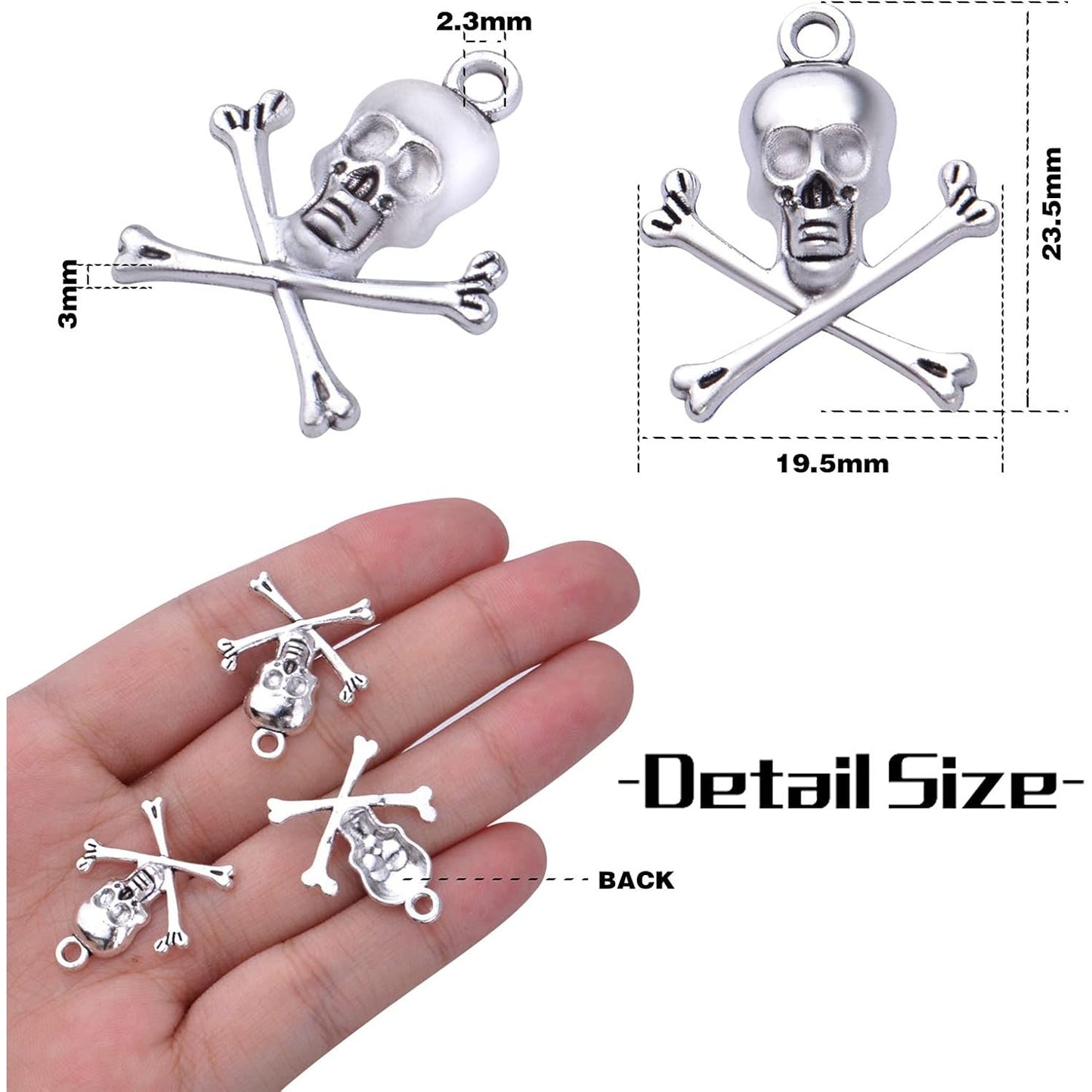 50pcs Skeleton Skull Charms Tibetan Alloy Skull Head Pendants Halloween Theme Charms Jewelry Making Accessories for DIY Necklace Bracelet Earrings Crafts, Antique Silver, 23.5 mm x 19.5 mm