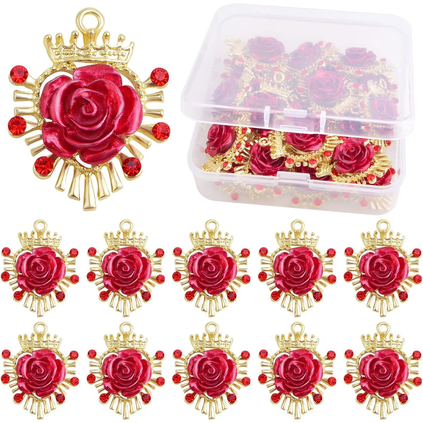20pcs Resin Red Rose Charms with Rhinestone Golden Plated Alloy Lovely 3D Roseflower Dangle Pendants with a Storage Box for DIY Necklace Bracelet Jewelry Making Supplies Decor
