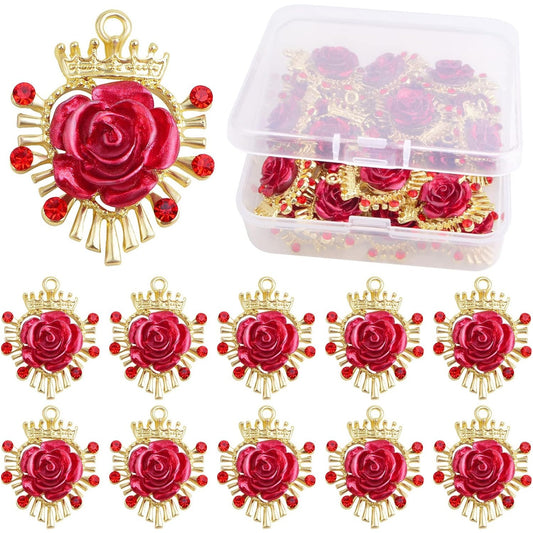20pcs Resin Red Rose Charms with Rhinestone Golden Plated Alloy Lovely 3D Roseflower Dangle Pendants with a Storage Box for DIY Necklace Bracelet Jewelry Making Supplies Decor