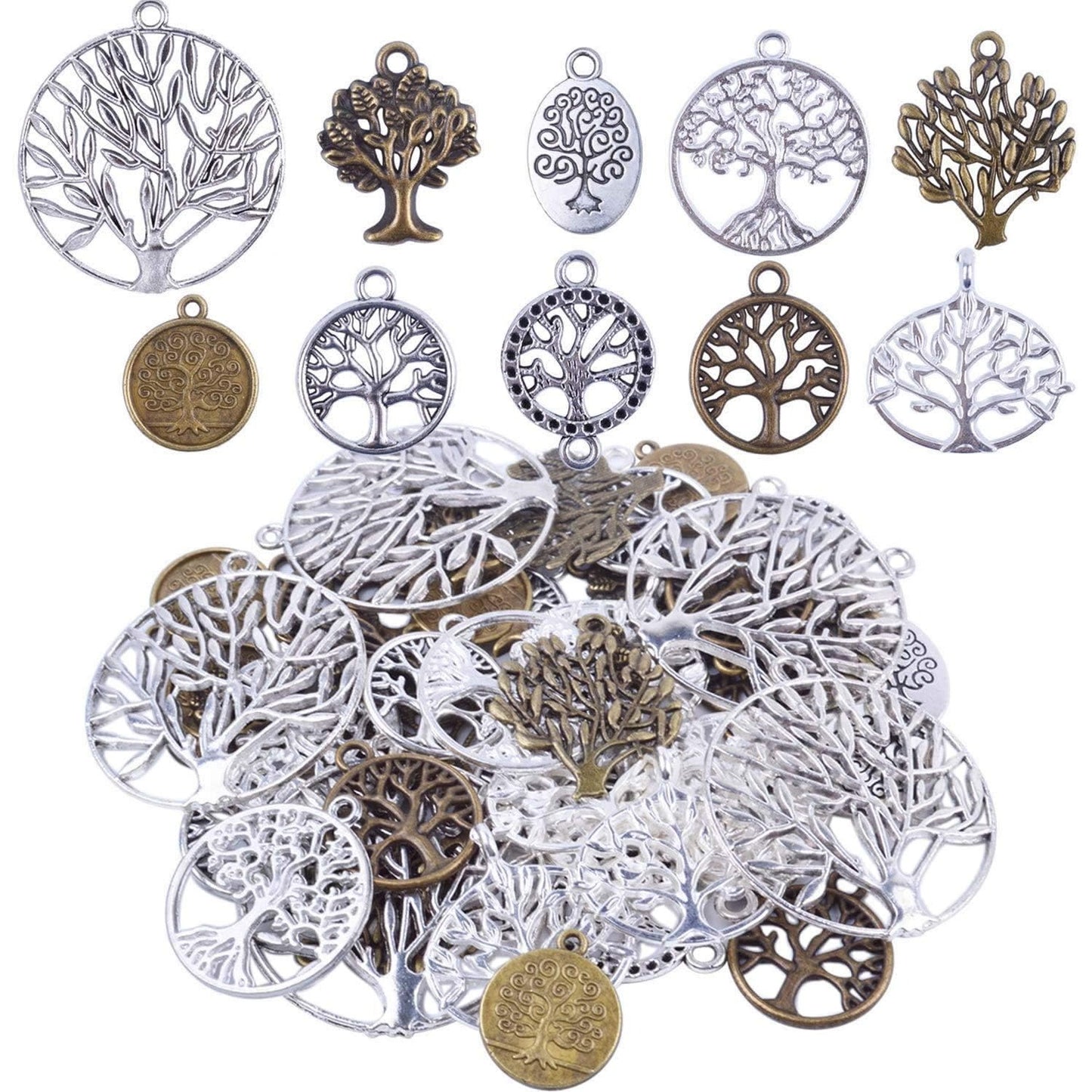 BronaGrand Pack of 50 Alloy Tree of Life Charms Pendents for Making Bracelet and Necklace