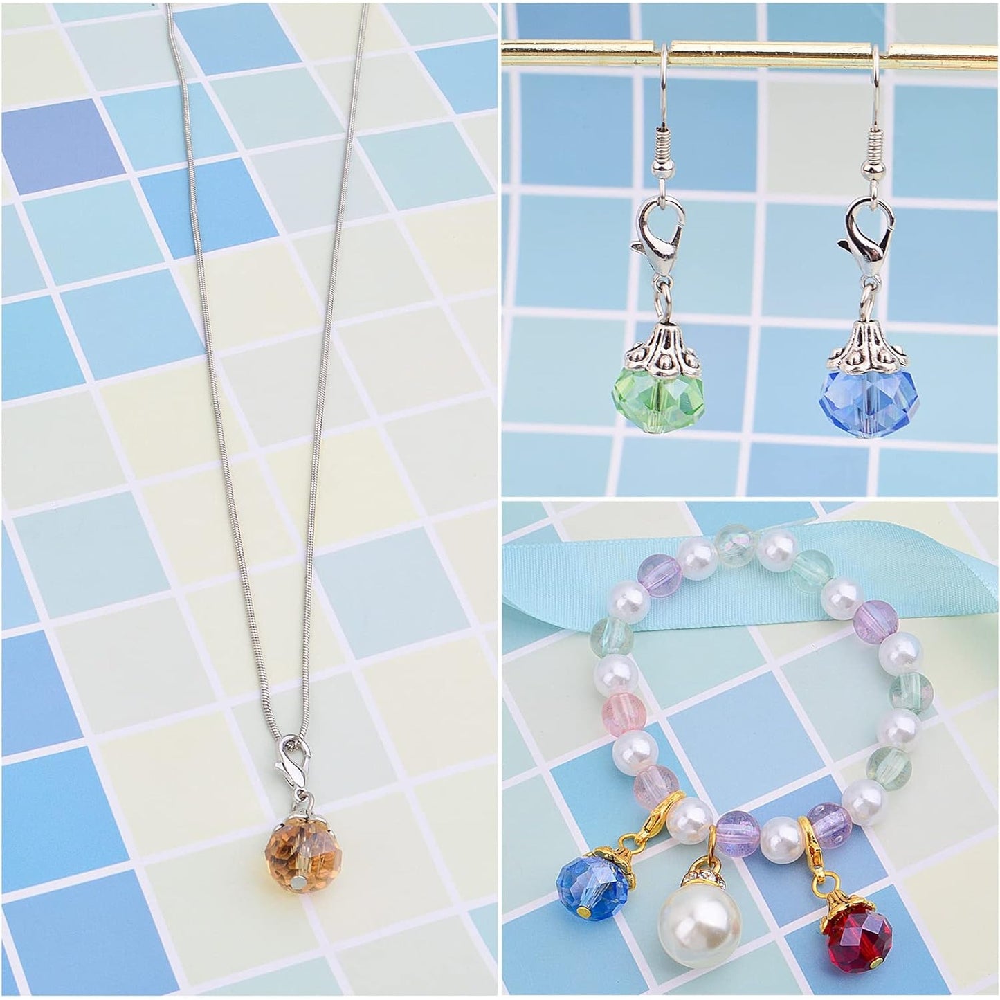 40pcs Colorful Crystal Dangle Charms Antique Golden Silver Flower Bead Cap Drops Pendants with Lobster Claw Clasps for DIY Bracelet Necklace Earrings Jewelry Making
