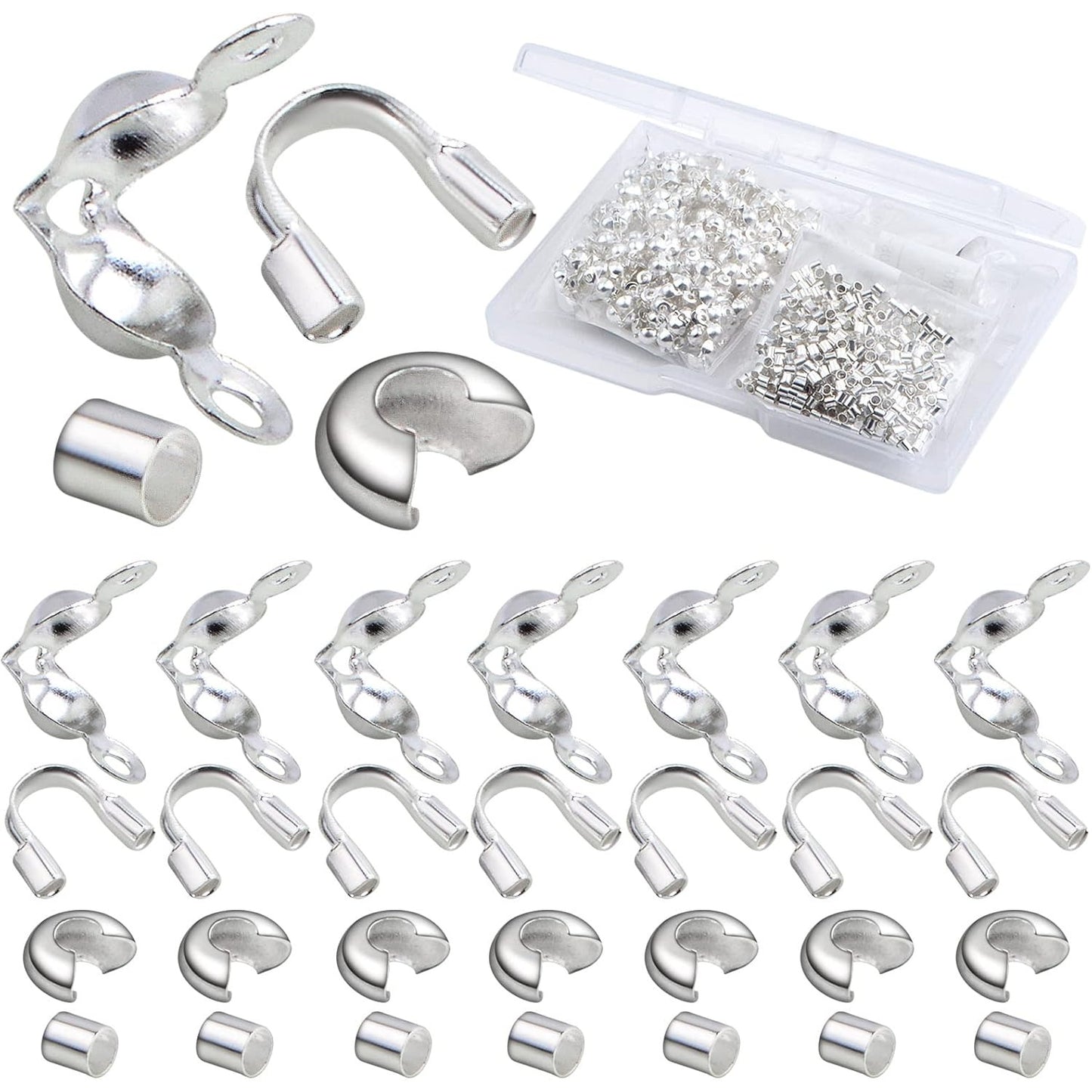 900pcs Silver Metal Tube Crimp Beads Half Round Open Crimp Beads Knot Covers Wire Guardians Bead End Tips with a Box for DIY Bracelet Necklace Jewelry Making Supplies, 4 Styles