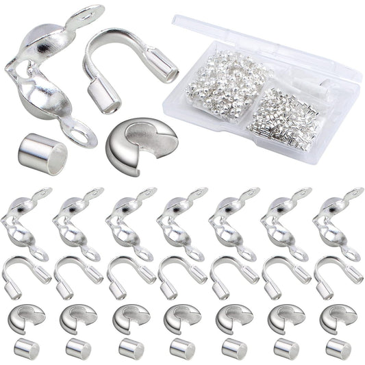 900pcs Silver Metal Tube Crimp Beads Half Round Open Crimp Beads Knot Covers Wire Guardians Bead End Tips with a Box for DIY Bracelet Necklace Jewelry Making Supplies, 4 Styles