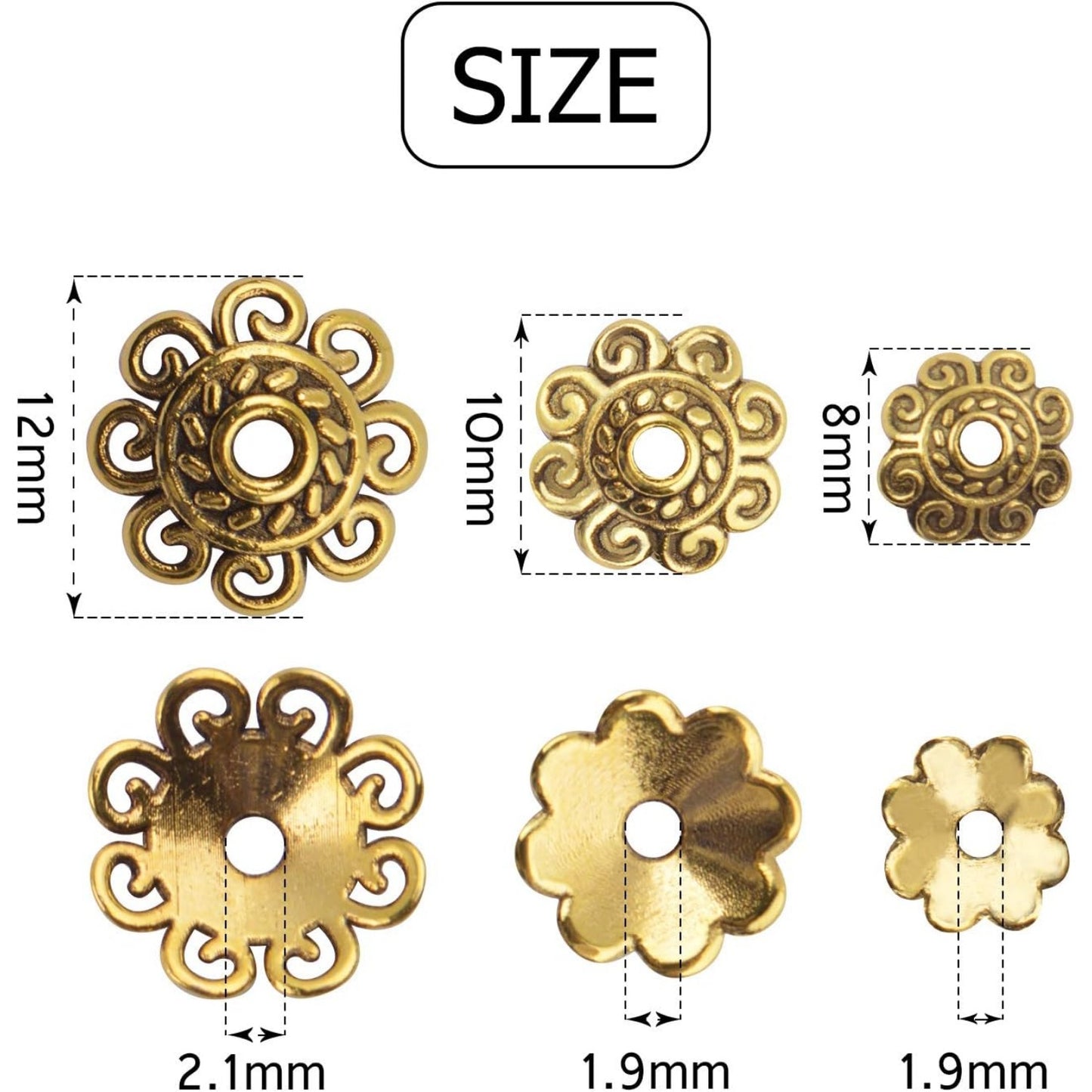 200pcs 8mm/10mm/12mm Bead Caps Spacer Beads Flower Bead Caps Jewelry DIY Findings for Necklace Bracelet Making,Antique Gold