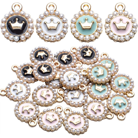 Enamel Pearl Crown Charms, 20pcs Enamel Pearl Round Alloy Colorful Crown Charms Pendants for DIY Necklaces Bracelets Jewelry Making Craft Supplies, Black, Pink, White, Green, 13x16mm