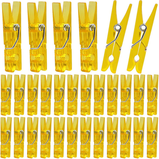 100pcs Yellow Plastic Clothespins Mini Transparent Clips Photo Paper Peg Pins Craft Clips for Wall Hanging Pictures Wedding Party Decoration Gift Wrapping