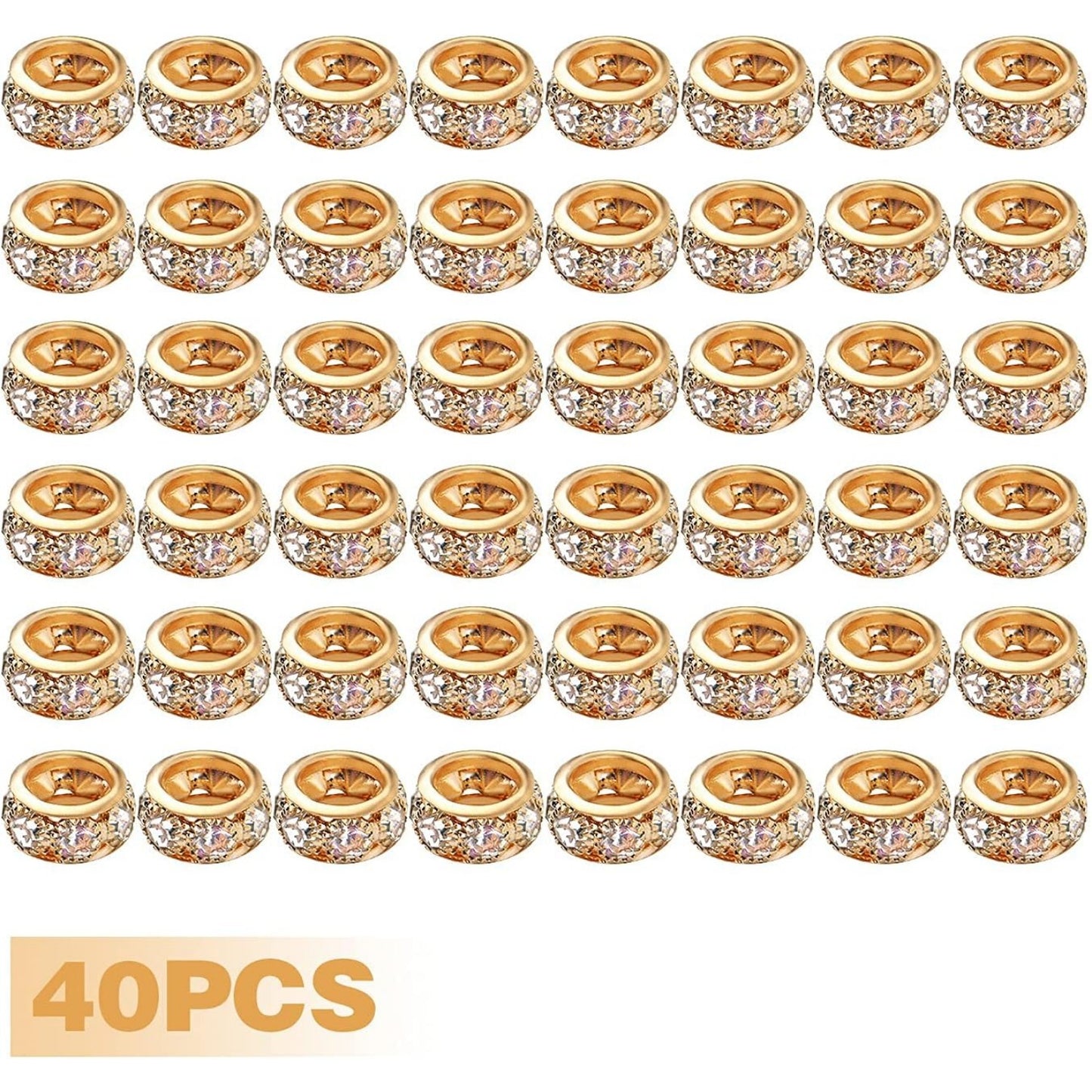 European Rhinestone Spacer Beads, 40pcs Gold Plated Crystal Rondelle Beads Brass Round Loose Beads with 6 mm Large Hole for DIY Jewelry Making Christmas Party Birthday Ornament, 10 mm x 5 mm