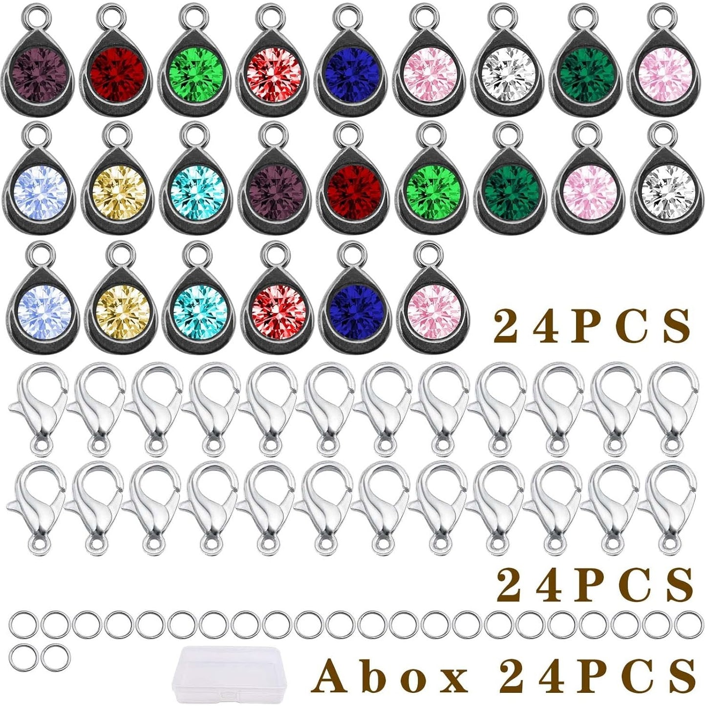 24pcs 12 Colors Crystal Birthstone Charms with 24pcs Metal Lobster Clasps and 24pcs Jump Rings Teardrop Shape Crystal Glass Dangle Pendants for DIY Necklace Earring Jewelry Making
