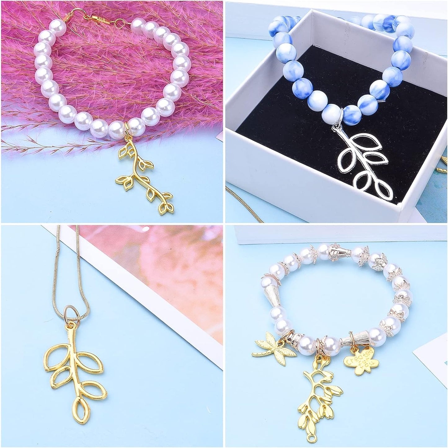 60pcs Tree Leaf Charms Pendants Tibetan Alloy Leaves Branch Bead Charms Dangle Pendants for DIY Earring Necklace Crafts Supplies Jewelry Making Findings, 3 Styles, 2 Colors