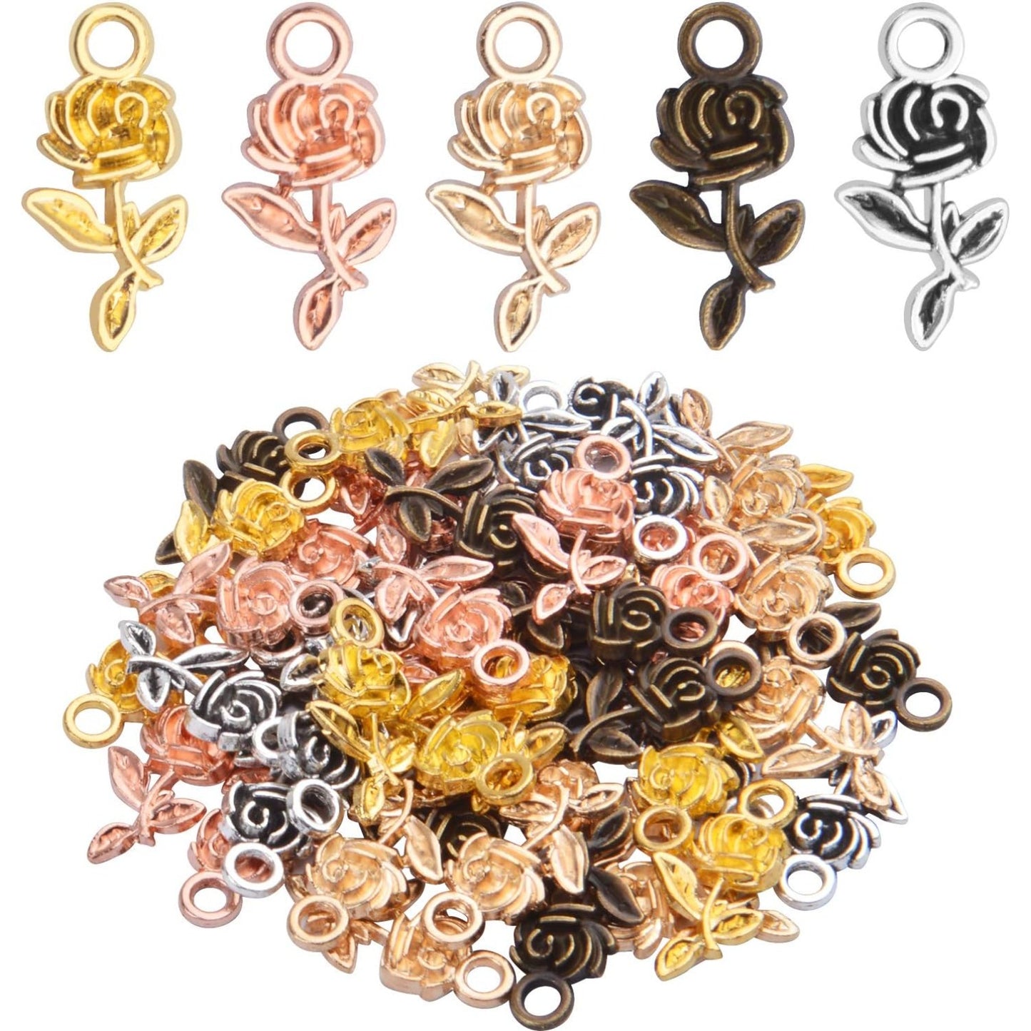 50pcs Rose Flower Charms Tibetan Alloy Flower Pendants Jewelry Crafting Accessories for DIY Necklace Bracelet,5 Colors