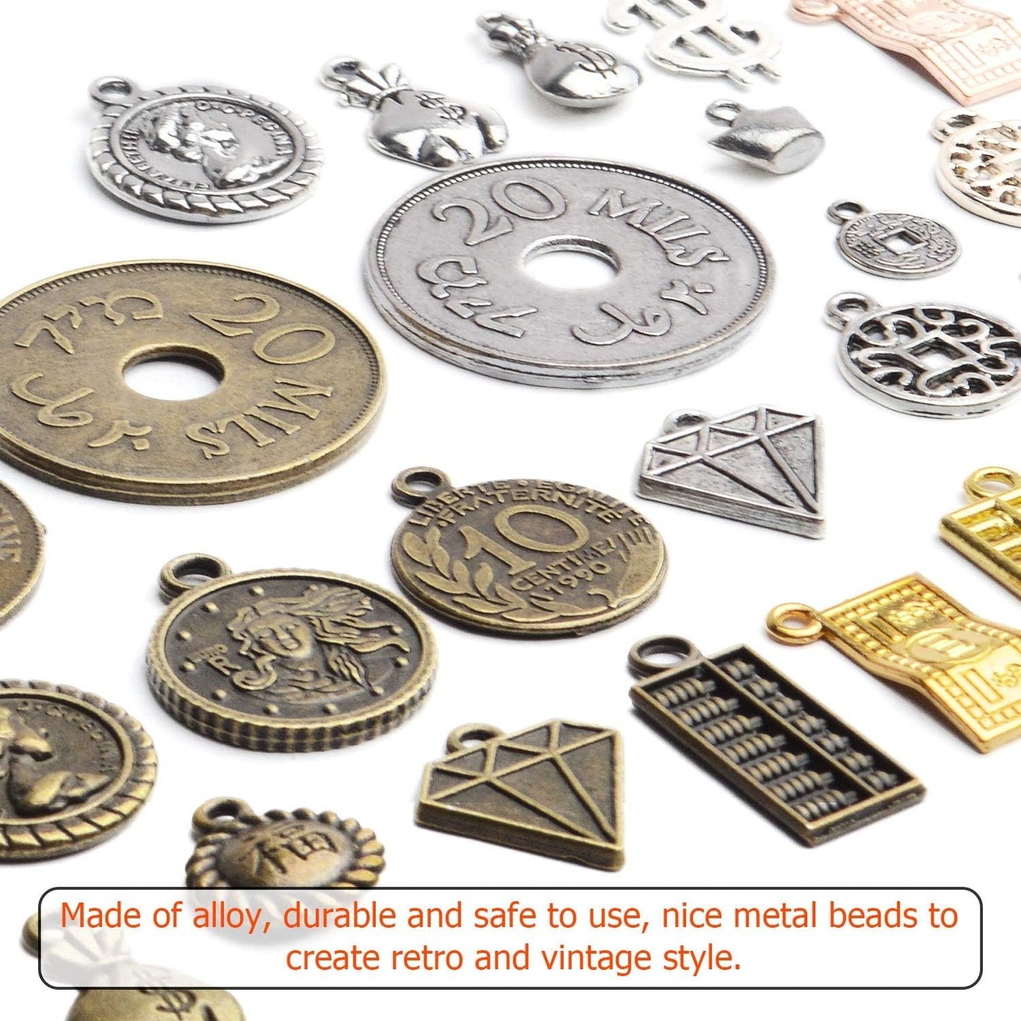 Coins Charms Jewelry, 100g(About30-70pcs) Retro Coins Cash Charms Bulk Craft Supply Mixed Shape Metal Alloy Pendants Fashion Accessories for DIY Jewelry Making