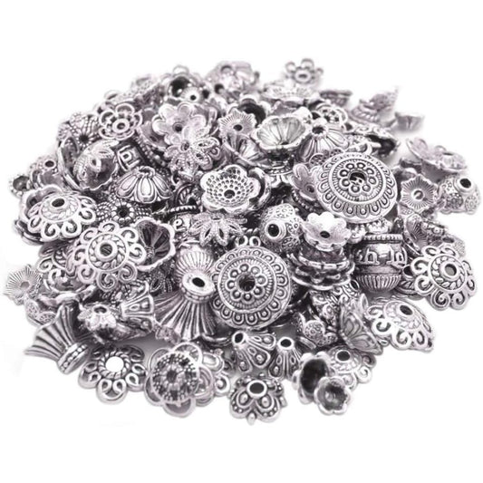 160-210pcs Bali Style Jewelry Making Metal Bead Caps Deluxe New Mix, 100 Gram,Tibetan Silver