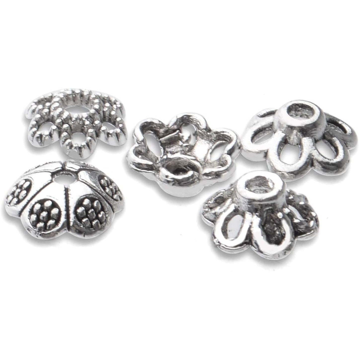 200pcs Antique Silver Flower Bead Caps Alloy Tibetan Style Bead End Caps Spacer Cap Beads Jewelry Caps for Bracelet Necklace Earrings Jewelry Making Supplies, 4 Styles