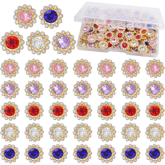 100pcs 12mm Flower Buttons with Rhinestones Sew on Flower Embellishments Crystal Glass Bead Flatback Rhinestone Buttons with a Box for DIY Jewelry Making Knitting Crafts Decor, 5 Colors
