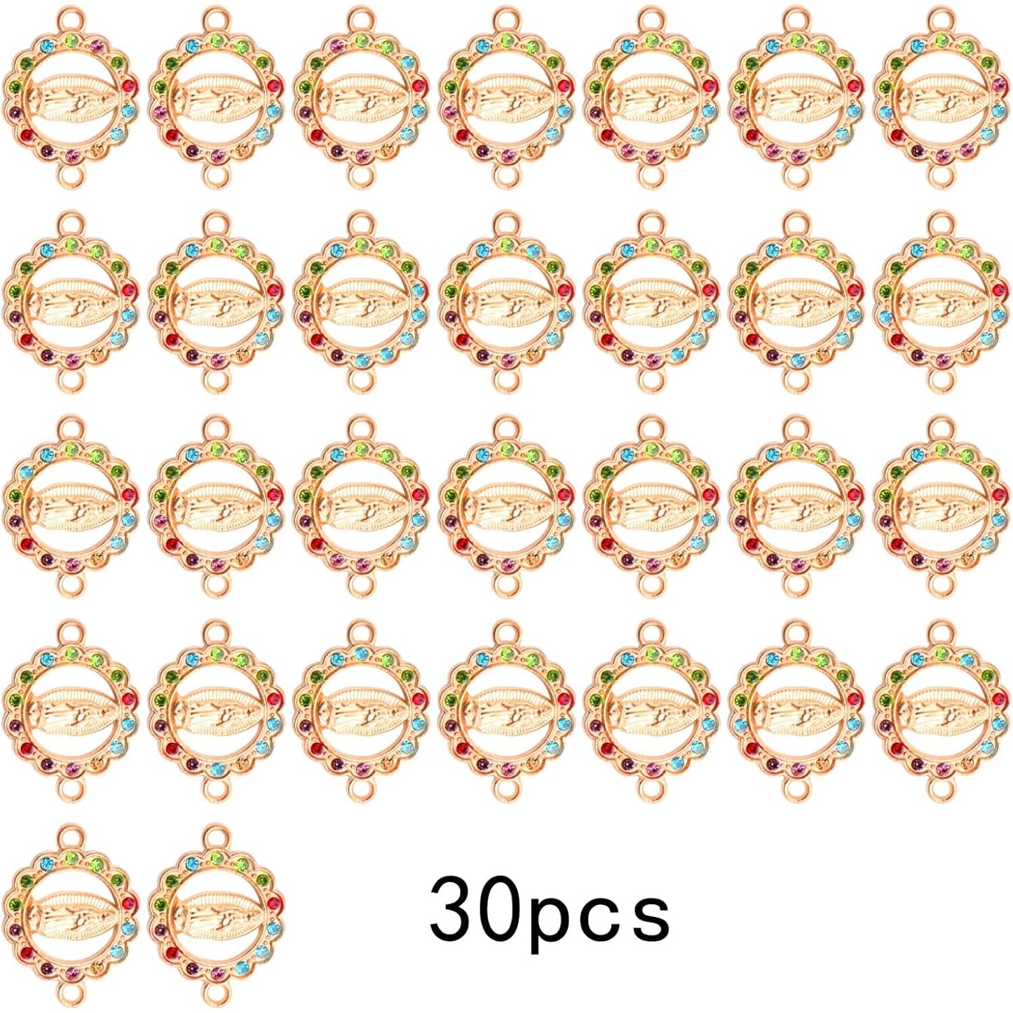 30pcs Alloy Enamel Colorful Rhinestones Virgin Mary Link Miraculous Medal Charms Our Lady Rosary Center Crucifix Bracelet Connector Pendants for DIY Jewelry Making Supplies