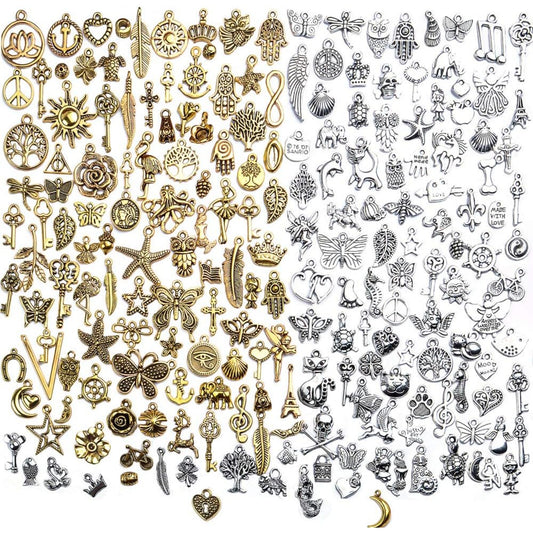 Vintage Charms Bulk,200pcs Mixed Antique Charms Tibetan Alloy Pendants for Necklace Bracelet Jewelry Making and Crafting,Antique Silver & Gold