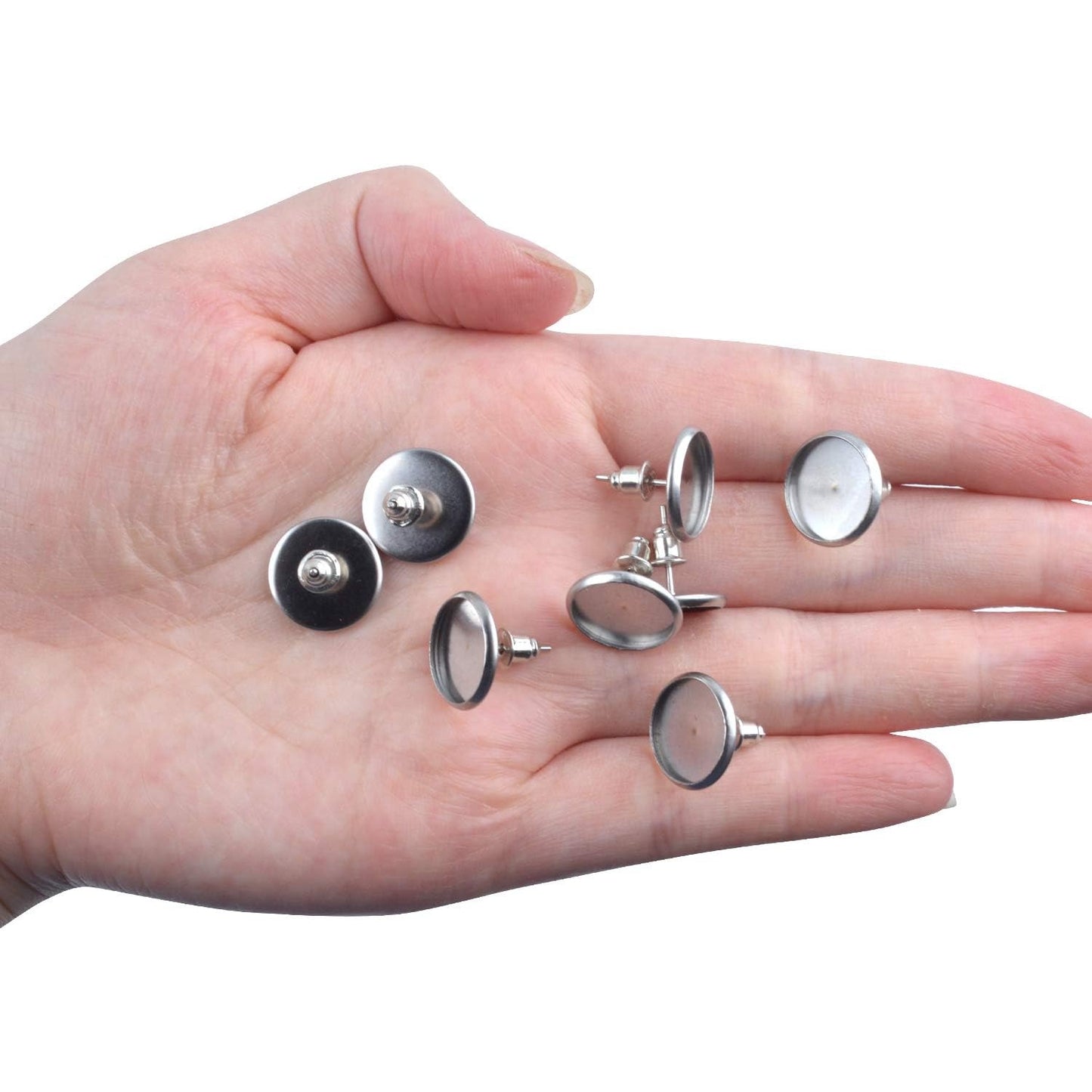 50 Pieces Stainless Steel Stud Silver Earring Cabochon Setting Post Cup for 12mm and 50 Pieces Bullet Clutch Earrings Safety Backs