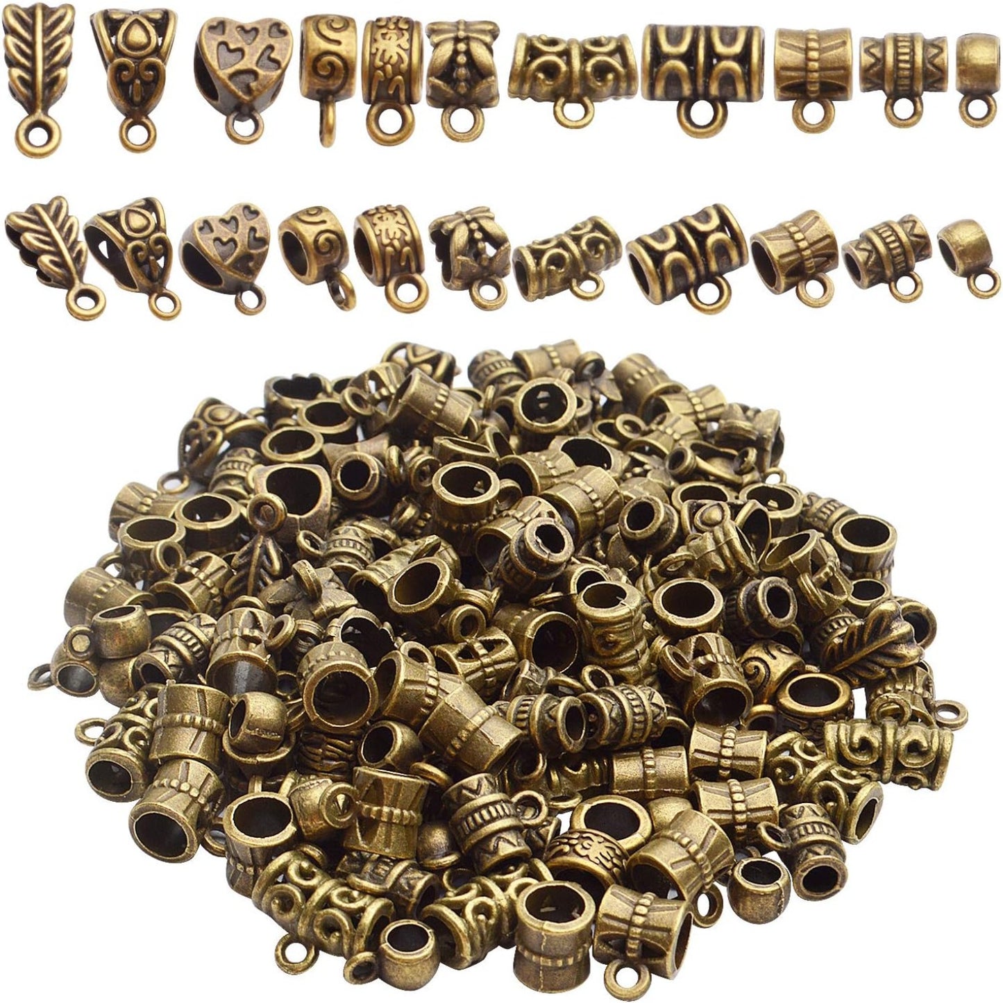 Tibetan Mixed Bail Beads Connectors - 100 Gram Metal Tube Bail Beads & Spacer Hanger Links for European Charm Jewelry Making, Antique Bronze